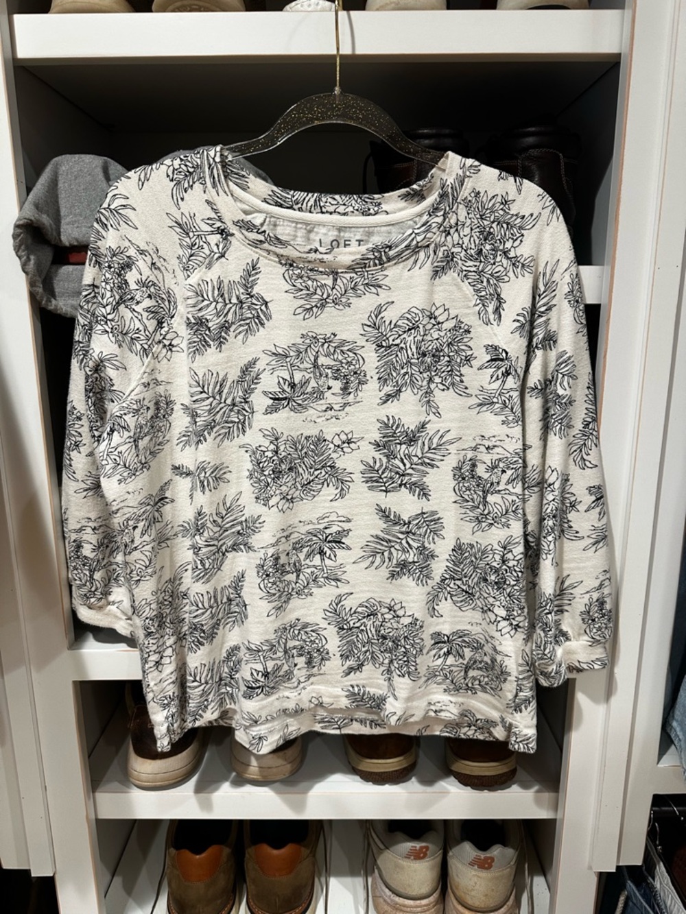 LOFT Cream Top with Black Floral Sketch Print